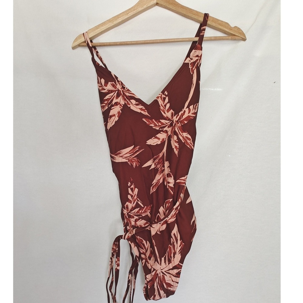 Kona Sol One Piece Swimsuit Tropical Palm‎ Print Wrap Tie Red Pink Size M 8 10